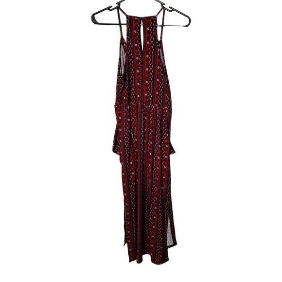 BCBG XS Midi Dress Surplice Draped Burgundy Boho Floral V Neck Halter Pockets - Picture 6 of 8